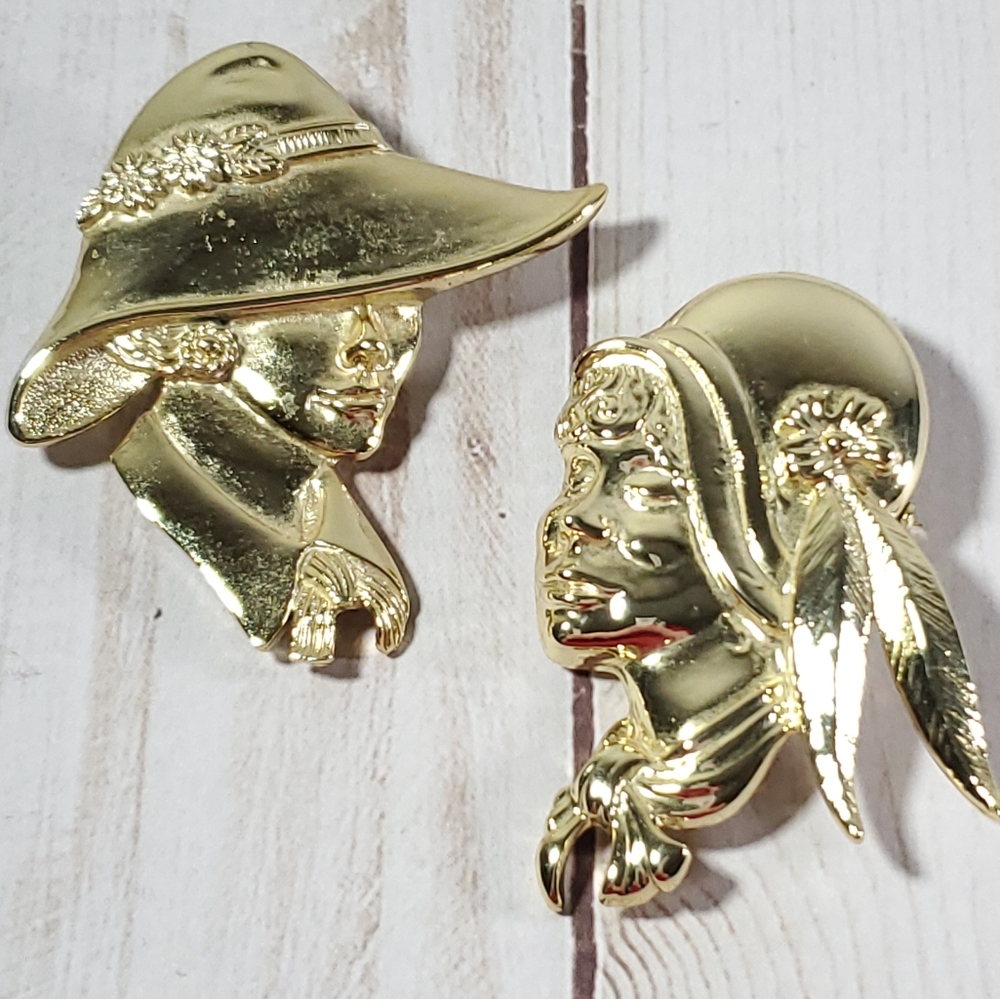 Two Vintage Torino Lady in Hat Brooches